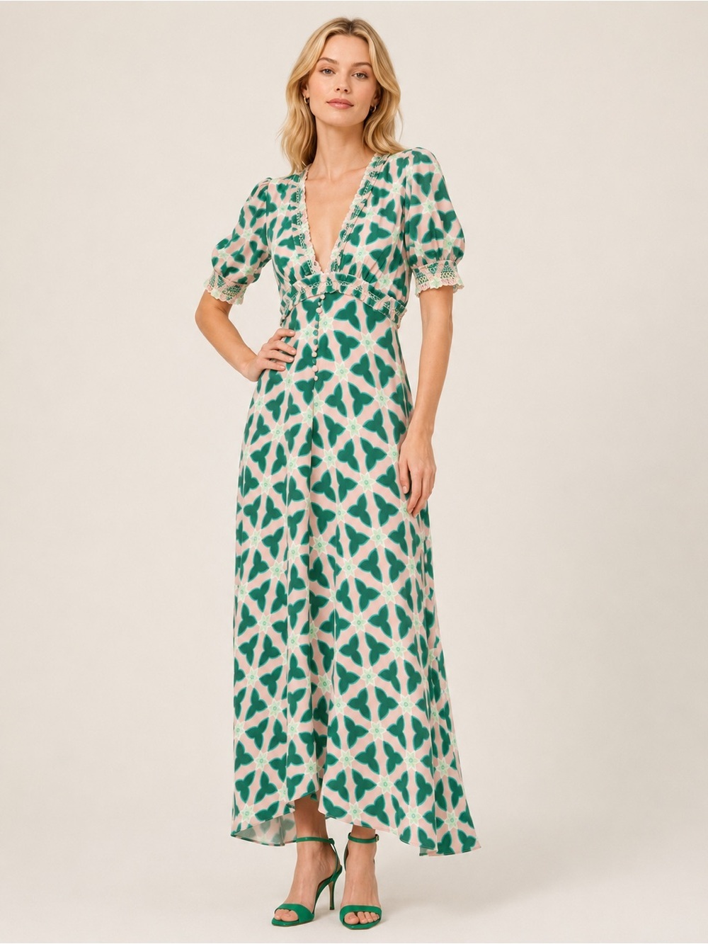 SALONI Lea Smocked Pink and Green Floral Print Maxi Dress size 4